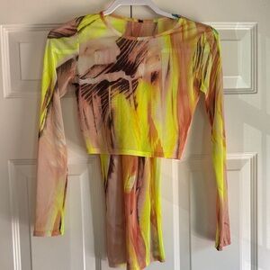 Abstract Long Sleeve Sheer Crop Top and Skirt Set in Neon Yellow & Peach